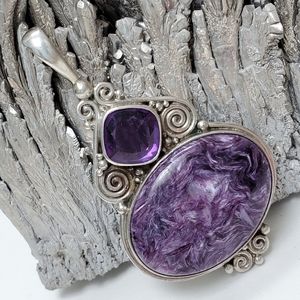 Sajen Signed Charoite Amaythyst Sterling Pendant XL Oval Charm Scroll Accent A1C